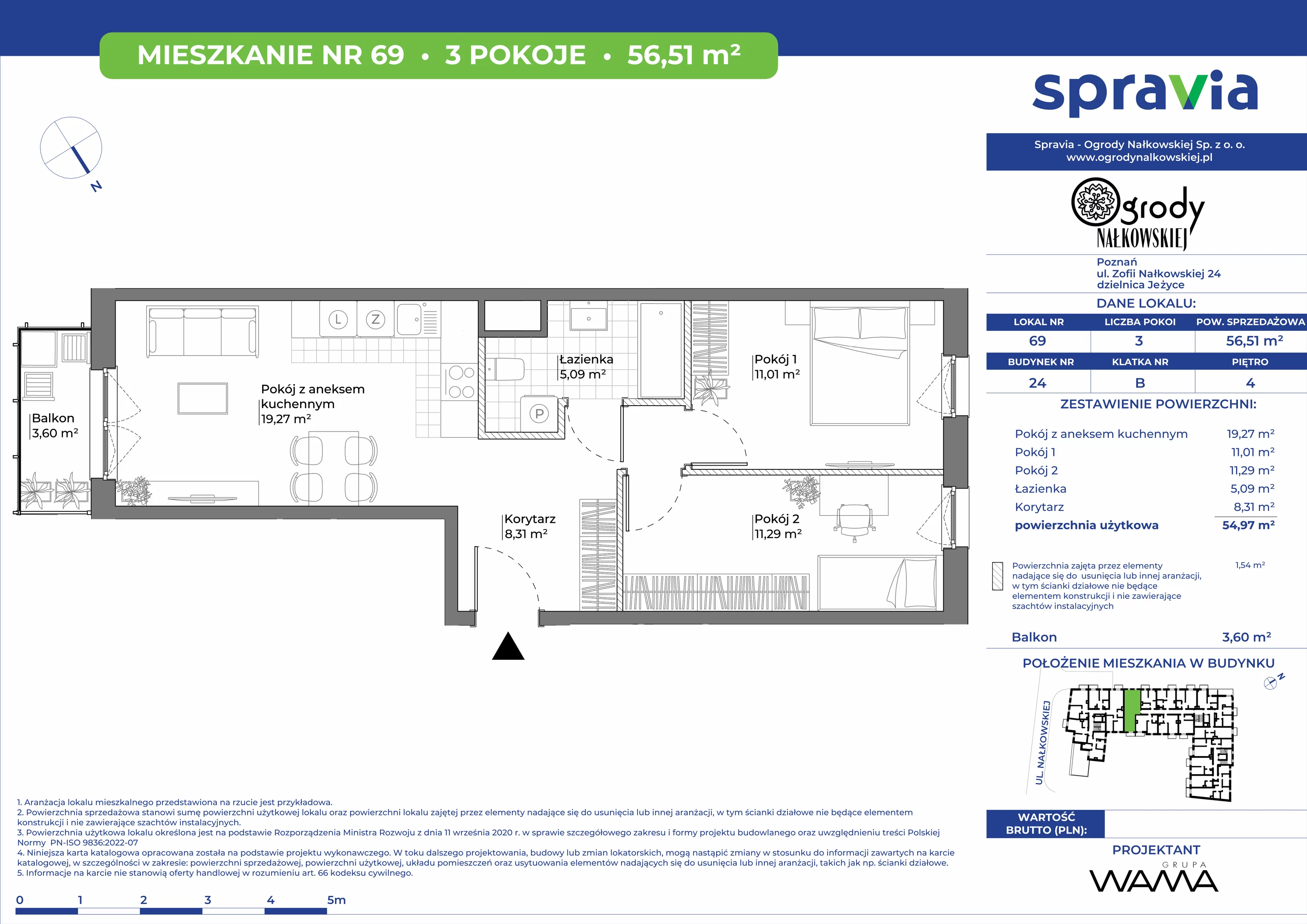 3 pokoje, mieszkanie 56,51 m², piętro 4, oferta nr 24-69, Ogrody Nałkowskiej, Poznań, Ogrody, ul. Nałkowskiej 24, 26